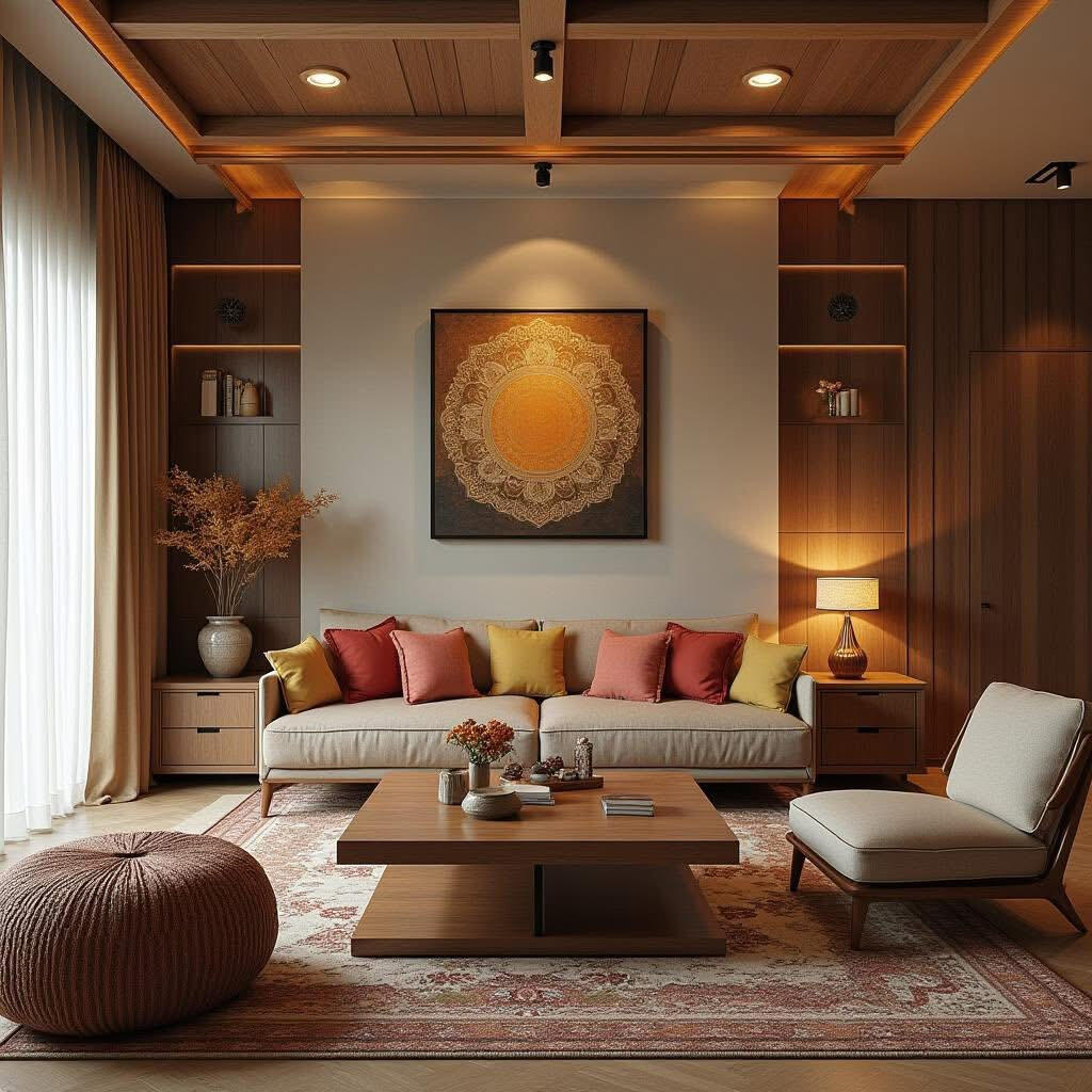 The mandala artwork brings symmetry and centeredness. In Vastu, mandalas align with cosmic order, while in Feng Shui they symbolize unity and wholeness, balancing the five elements. Why it Matters: Perfect for living rooms, it fosters warmth, alignment, an