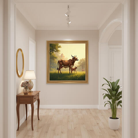 A gentle cow with her calf, In Vastu and Hindu tradition, the cow is sacred and represents abundance, nourishment, and divinity. The calf symbolizes innocence and continuity of life. Together, the mother-calf bond reflects unconditional love and protection