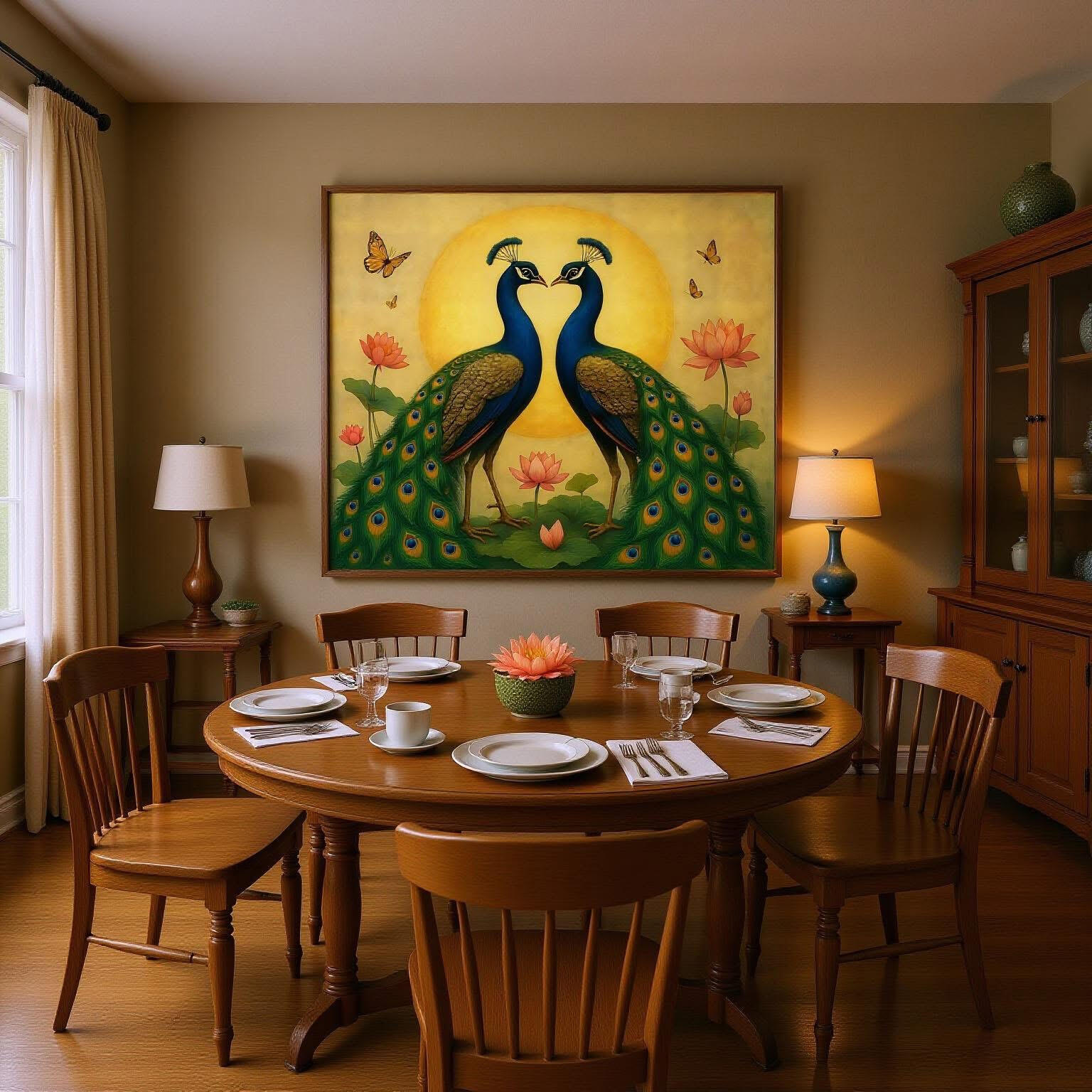 The paired peacocks surrounded by blossoms and butterflies symbolize prosperity, grace, and harmonious partnerships. In Feng Shui, paired birds attract love and balance; in Vastu, they represent beauty and abundance. Why it Matters: Perfect for dining or s