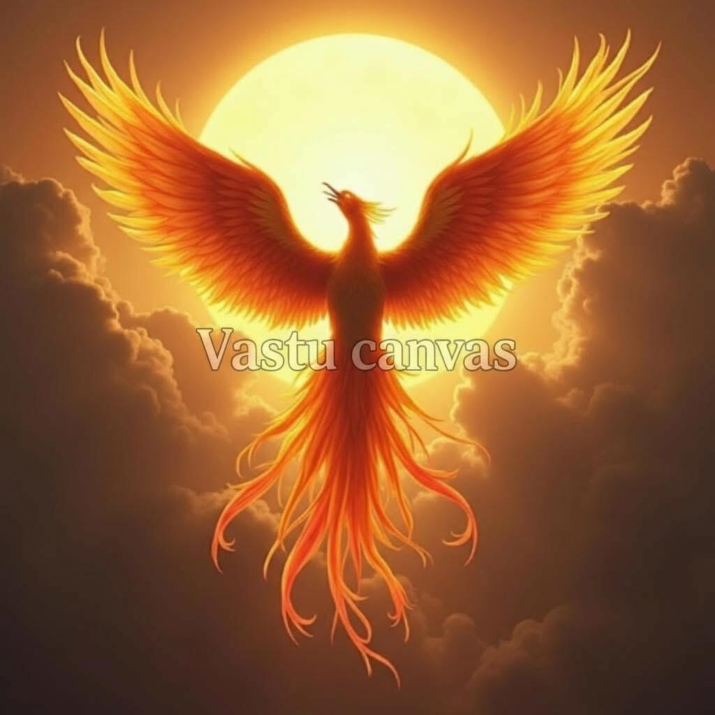 The fiery phoenix rising against the sun embodies rebirth, strength, and prosperity. Rooted in Feng Shui, the phoenix is a harbinger of new opportunities and wealth. Why it Matters: This vibrant artwork adds bold energy to a space, supporting confidence, c